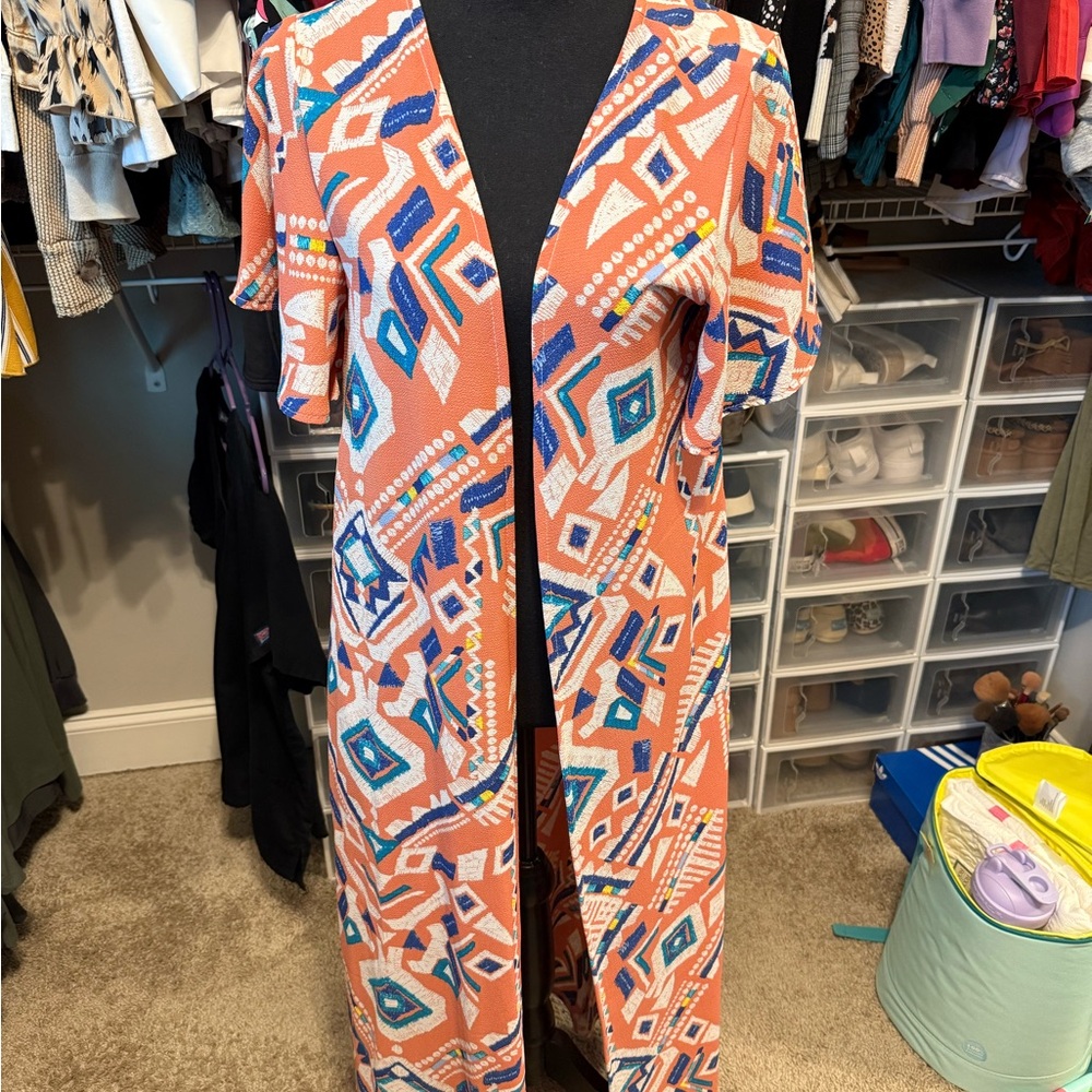 Judith March Geometric Patterned Duster in Orange and Blue